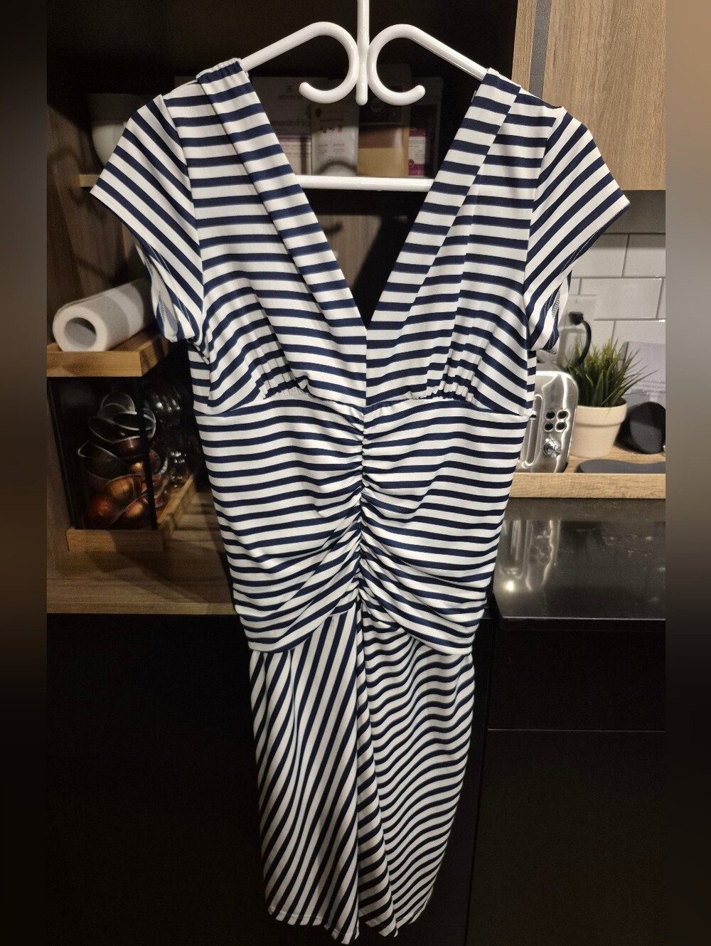 Striped Navy and White Ruched V-Neck Midi Dress